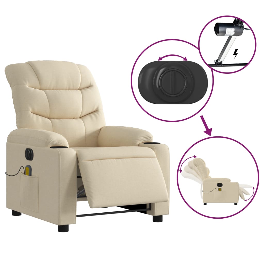 vidaXL Fotoliu electric de masaj rabatabil, crem, textil