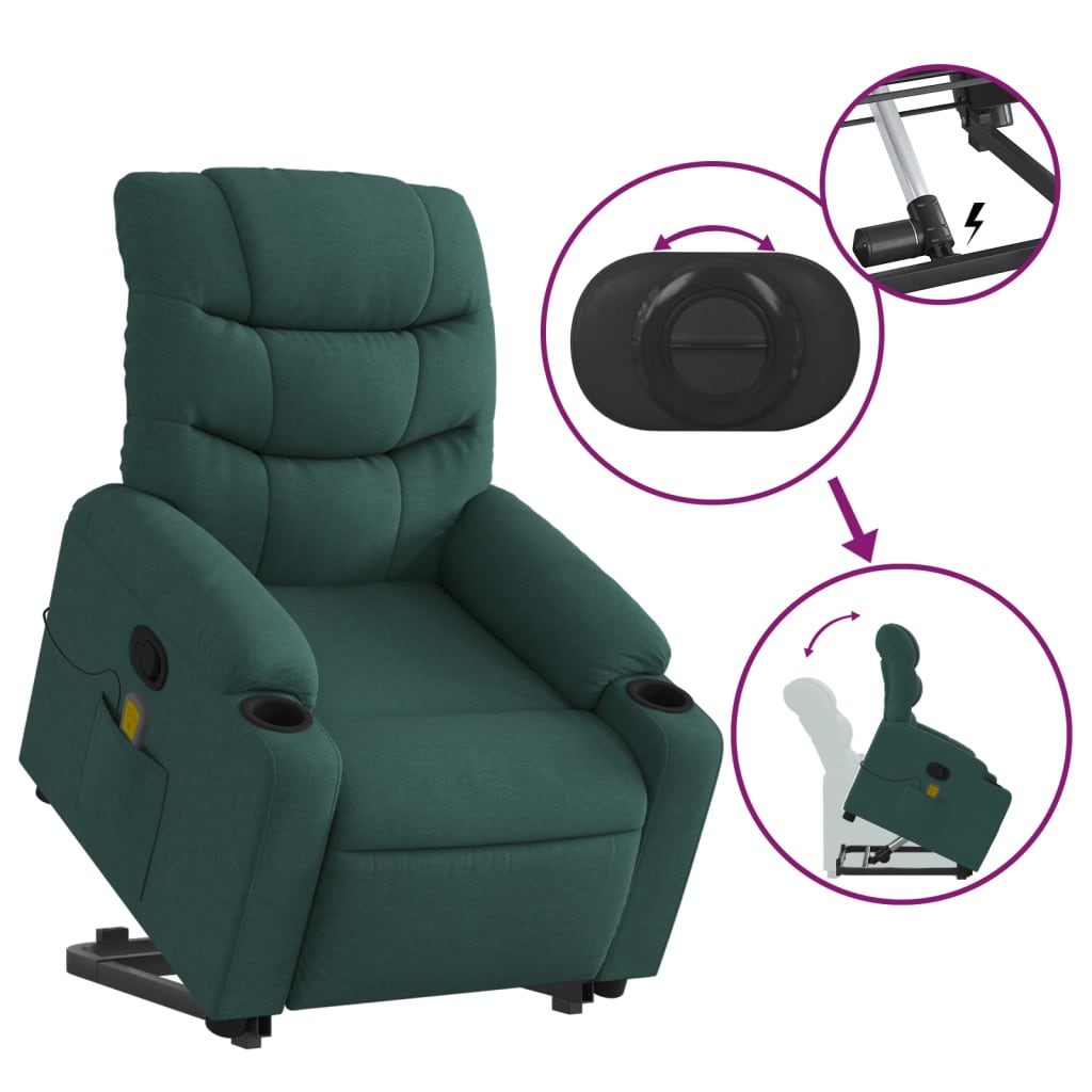vidaXL Fotoliu rabatabil de masaj, cu ridicare, verde închis, textil