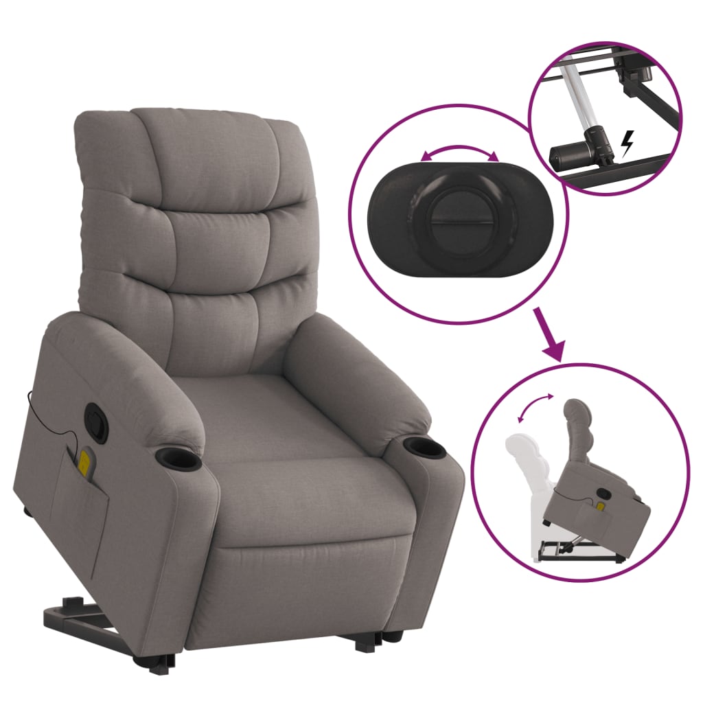 vidaXL Fotoliu rabatabil de masaj cu ridicare, gri taupe, textil