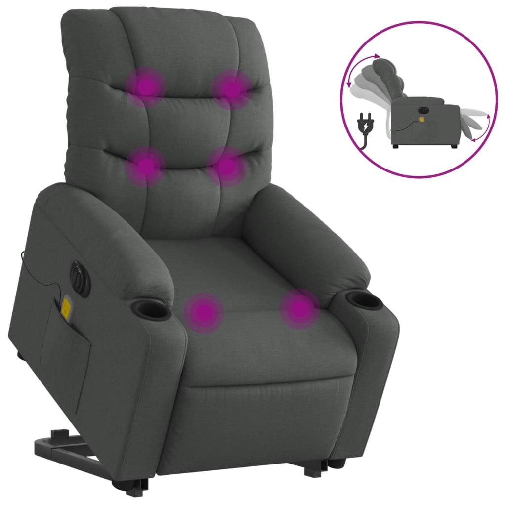 vidaXL Fotoliu electric masaj rabatabil cu ridicare, gri închis textil vidaXL Fotoliu electric masaj rabatabil cu ridicare, gri închis textil