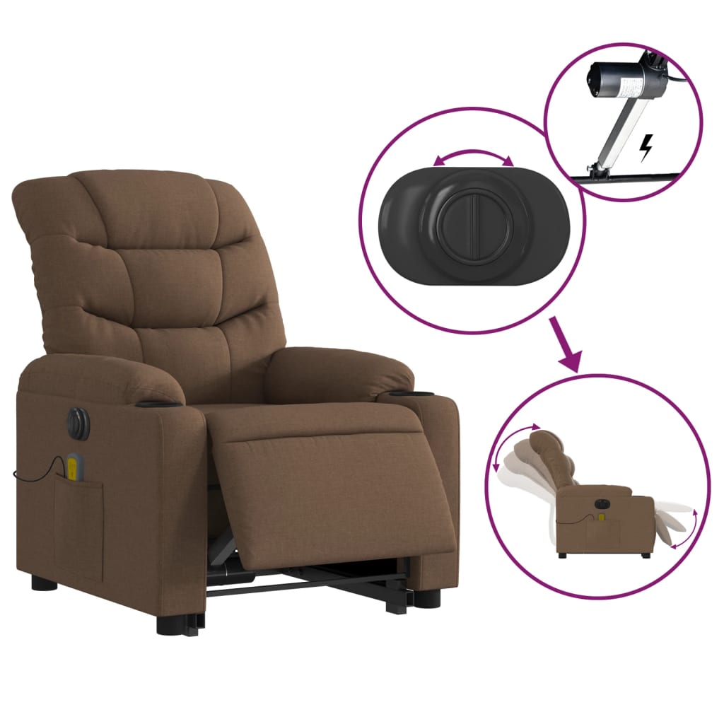 vidaXL Fotoliu electric de masaj rabatabil cu ridicare, maro, textil vidaXL Fotoliu electric de masaj rabatabil cu ridicare, maro, textil