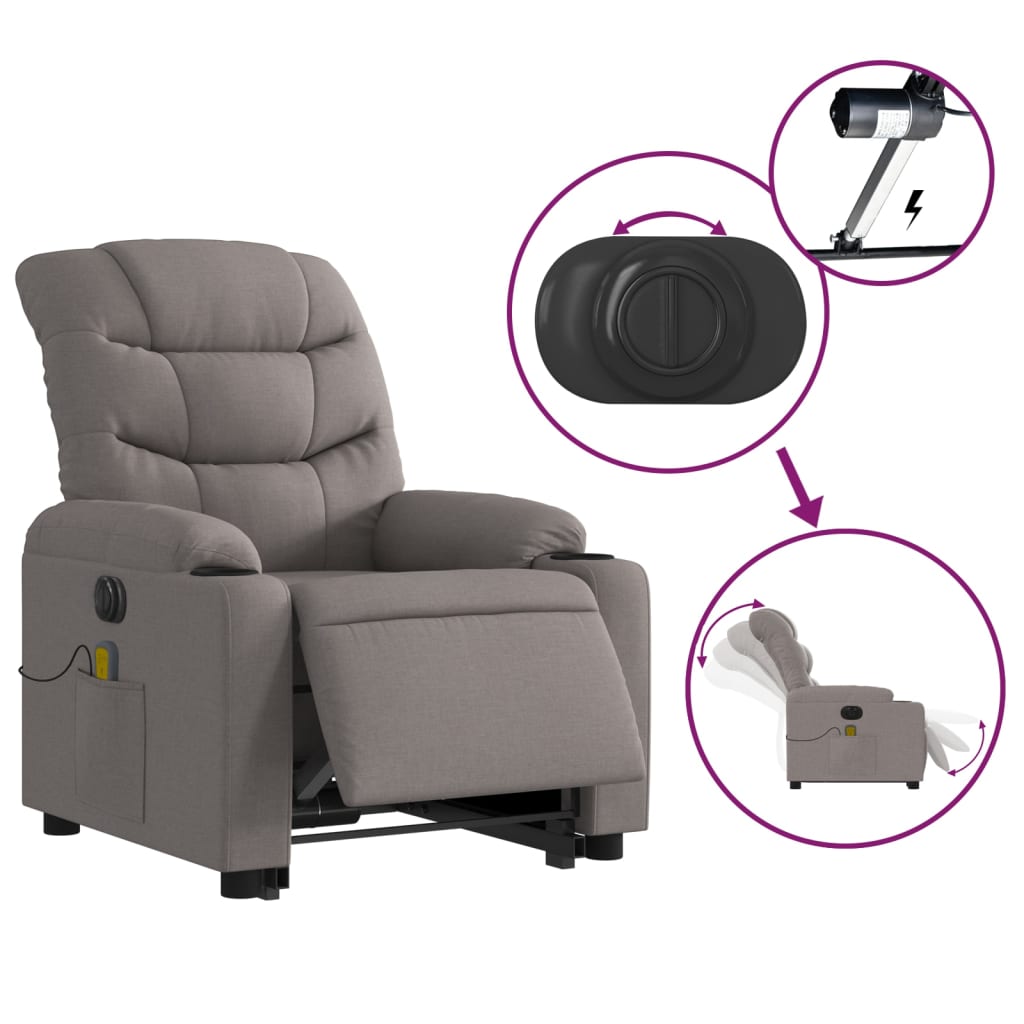 vidaXL Fotoliu electric masaj rabatabil cu ridicare, gri taupe, textil