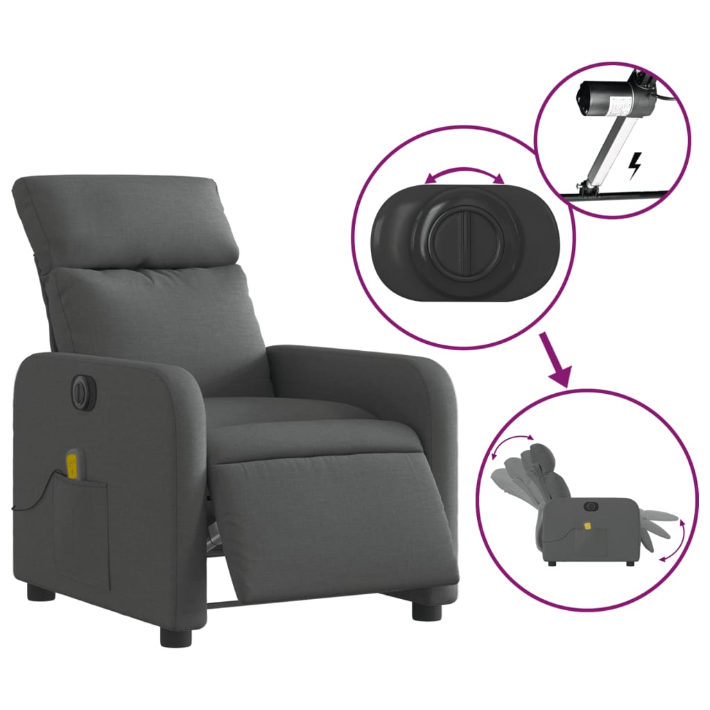 vidaXL Fotoliu electric de masaj rabatabil, gri închis, textil