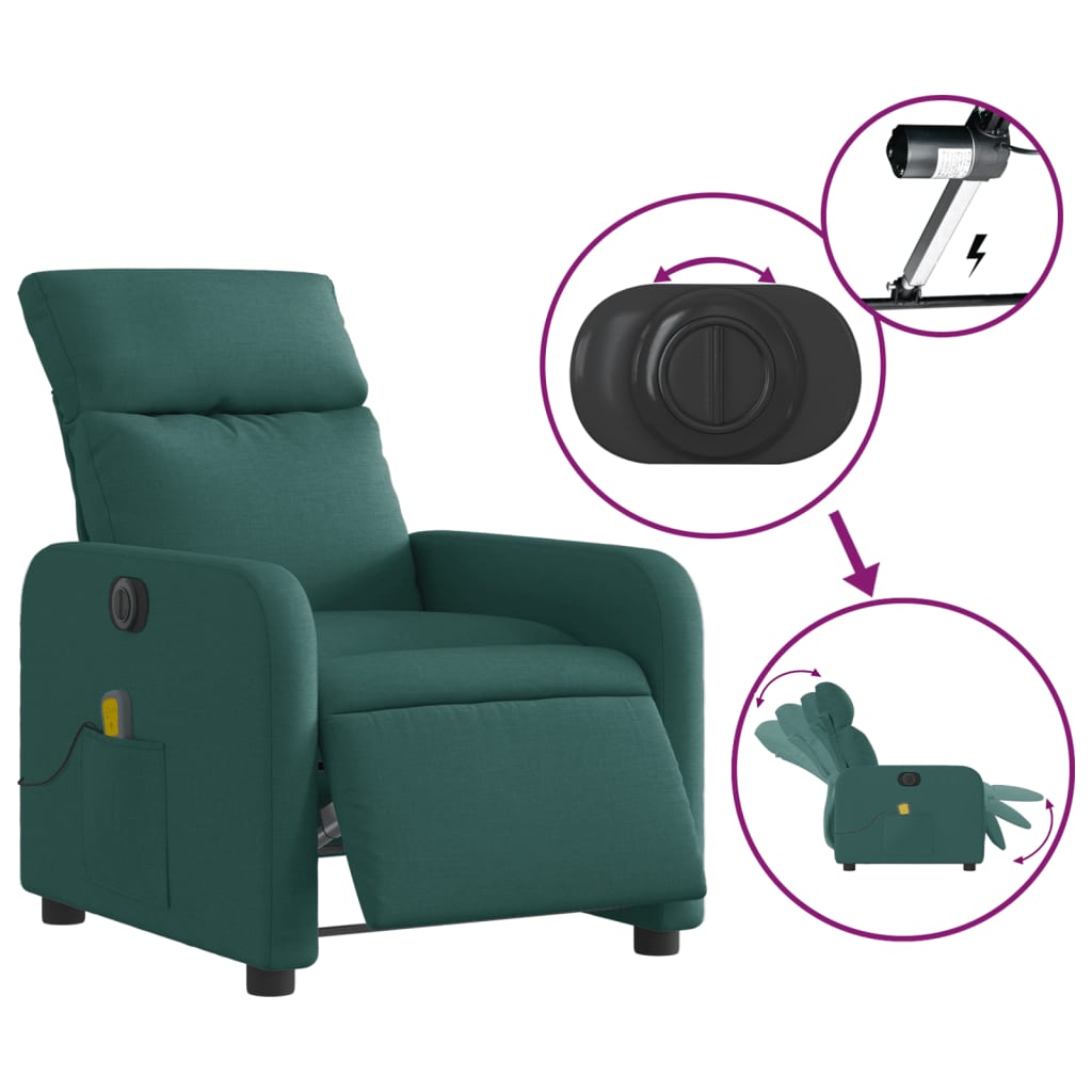 vidaXL Fotoliu electric de masaj rabatabil, verde închis, textil vidaXL Fotoliu electric de masaj rabatabil, verde închis, textil