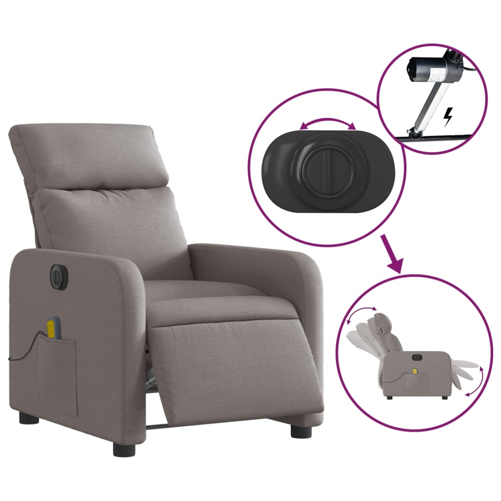 vidaXL Fotoliu electric de masaj rabatabil, gri taupe, textil