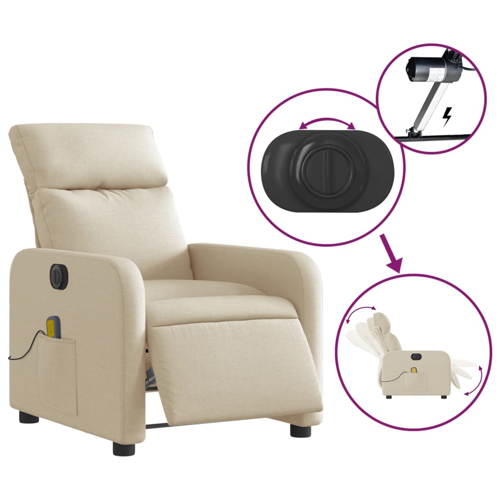 vidaXL Fotoliu electric de masaj rabatabil, crem, textil
