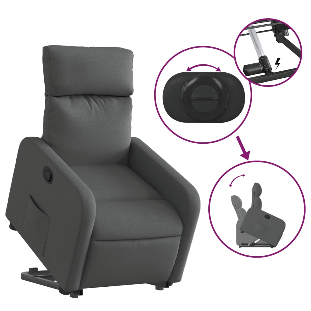 vidaXL Fotoliu rabatabil cu ridicare pe verticală, gri închis, textil vidaXL Fotoliu rabatabil cu ridicare pe verticală, gri închis, textil