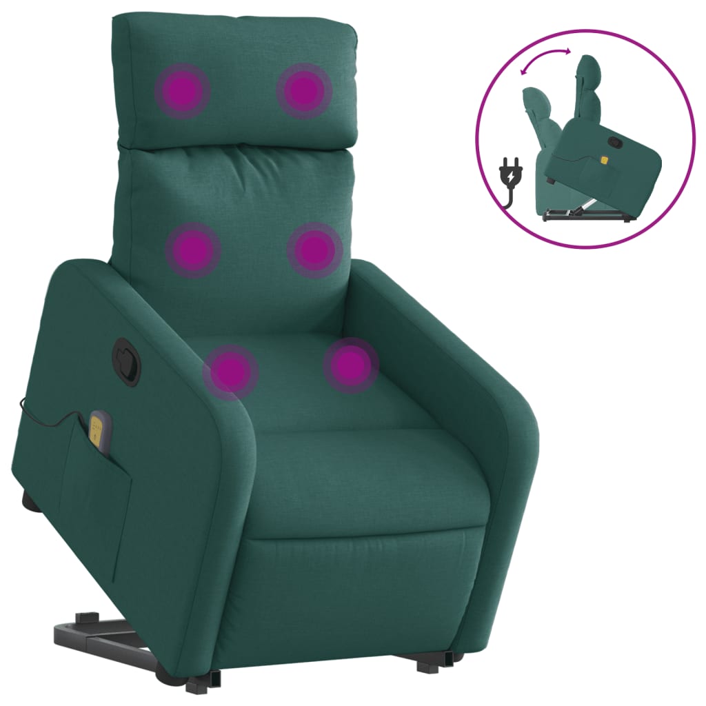 vidaXL Fotoliu rabatabil de masaj, cu ridicare, verde închis, textil