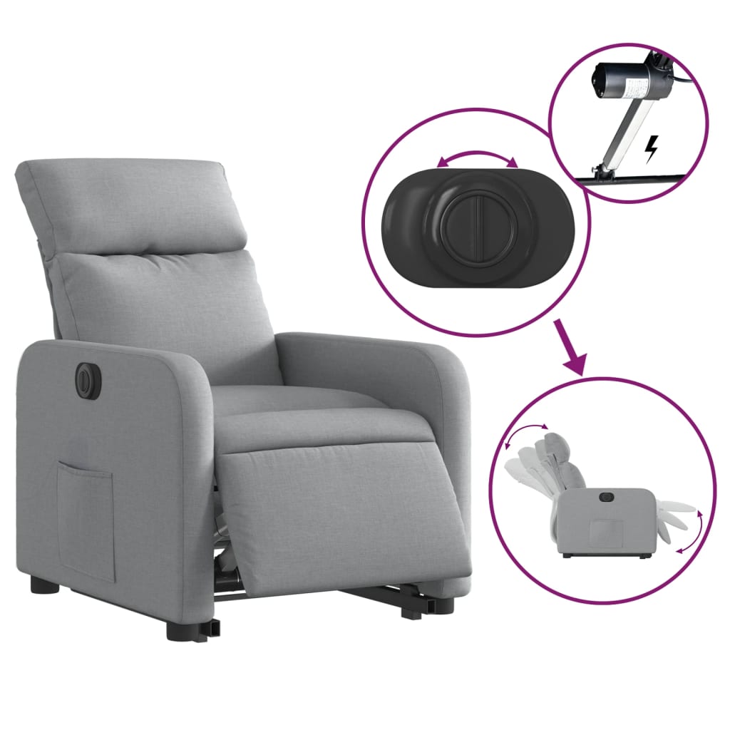 vidaXL Fotoliu electric rabatabil cu ridicare, gri deschis, textil