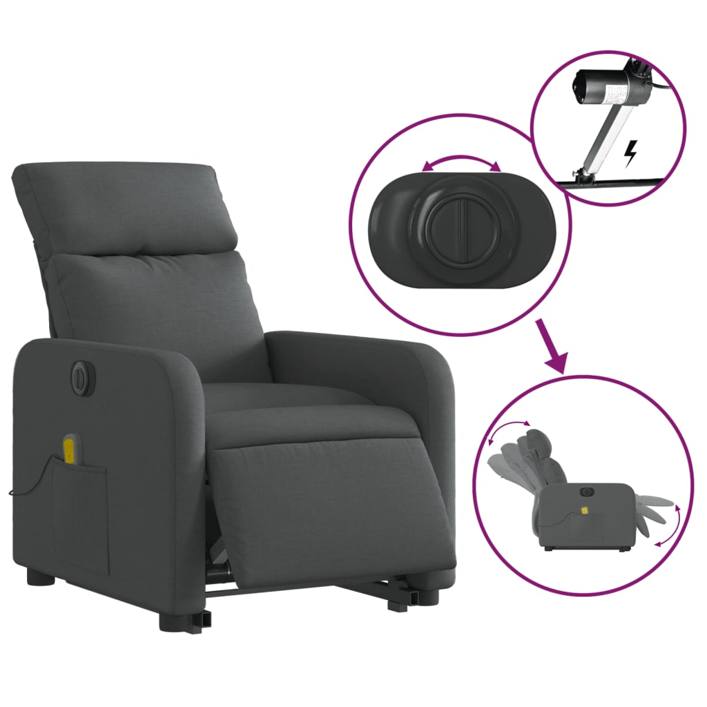vidaXL Fotoliu electric masaj rabatabil cu ridicare, gri închis textil vidaXL Fotoliu electric masaj rabatabil cu ridicare, gri închis textil