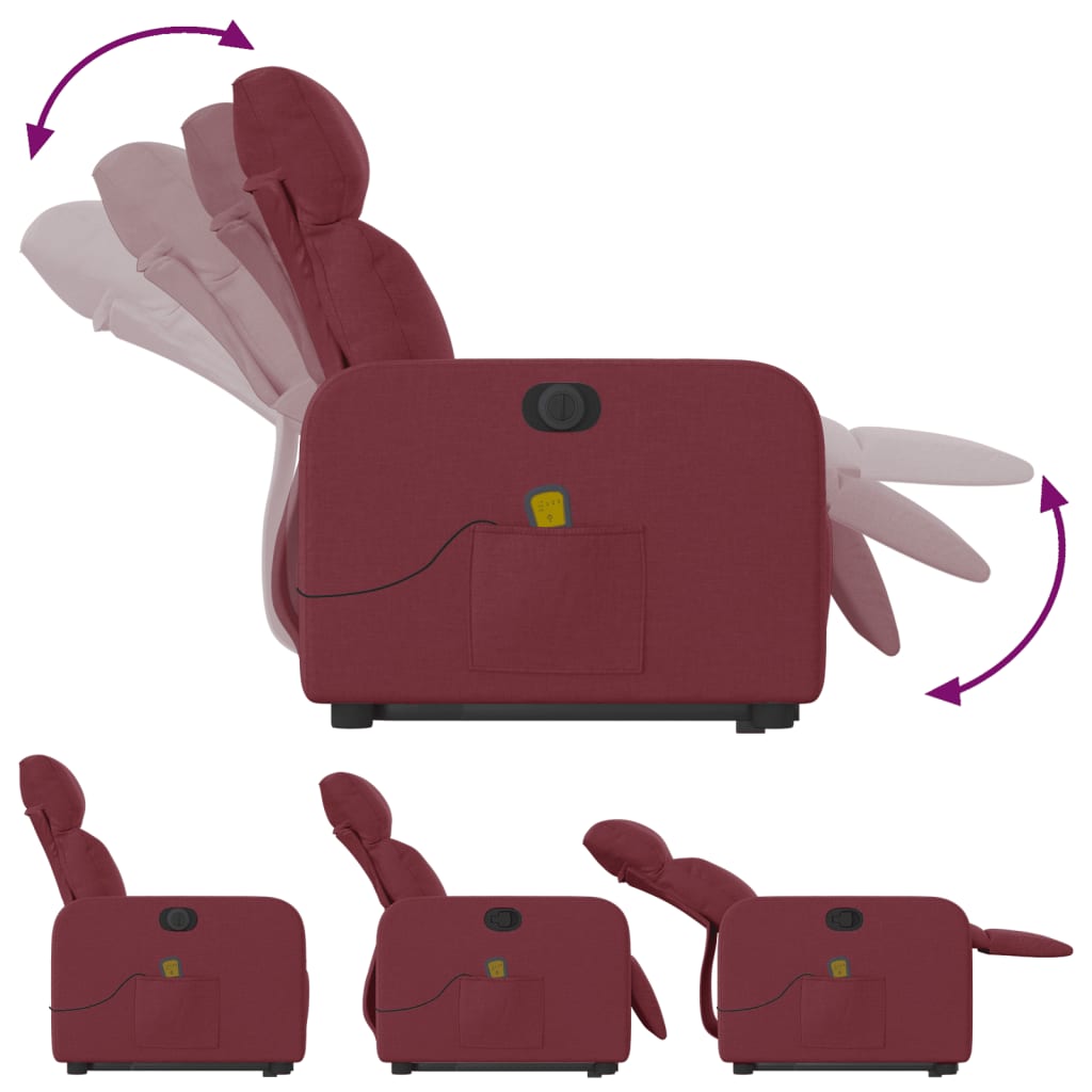 vidaXL Fotoliu de masaj electric rabatabil cu ridicare roșu vin textil vidaXL Fotoliu de masaj electric rabatabil cu ridicare roșu vin textil