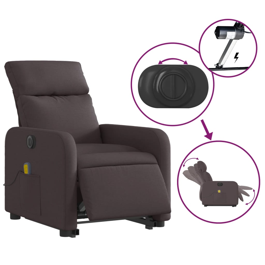 vidaXL Fotoliu electric masaj rabatabil cu ridicare maro închis textil vidaXL Fotoliu electric masaj rabatabil cu ridicare maro închis textil