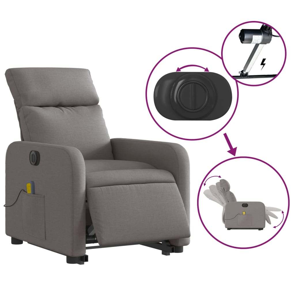vidaXL Fotoliu electric masaj rabatabil cu ridicare, gri taupe, textil
