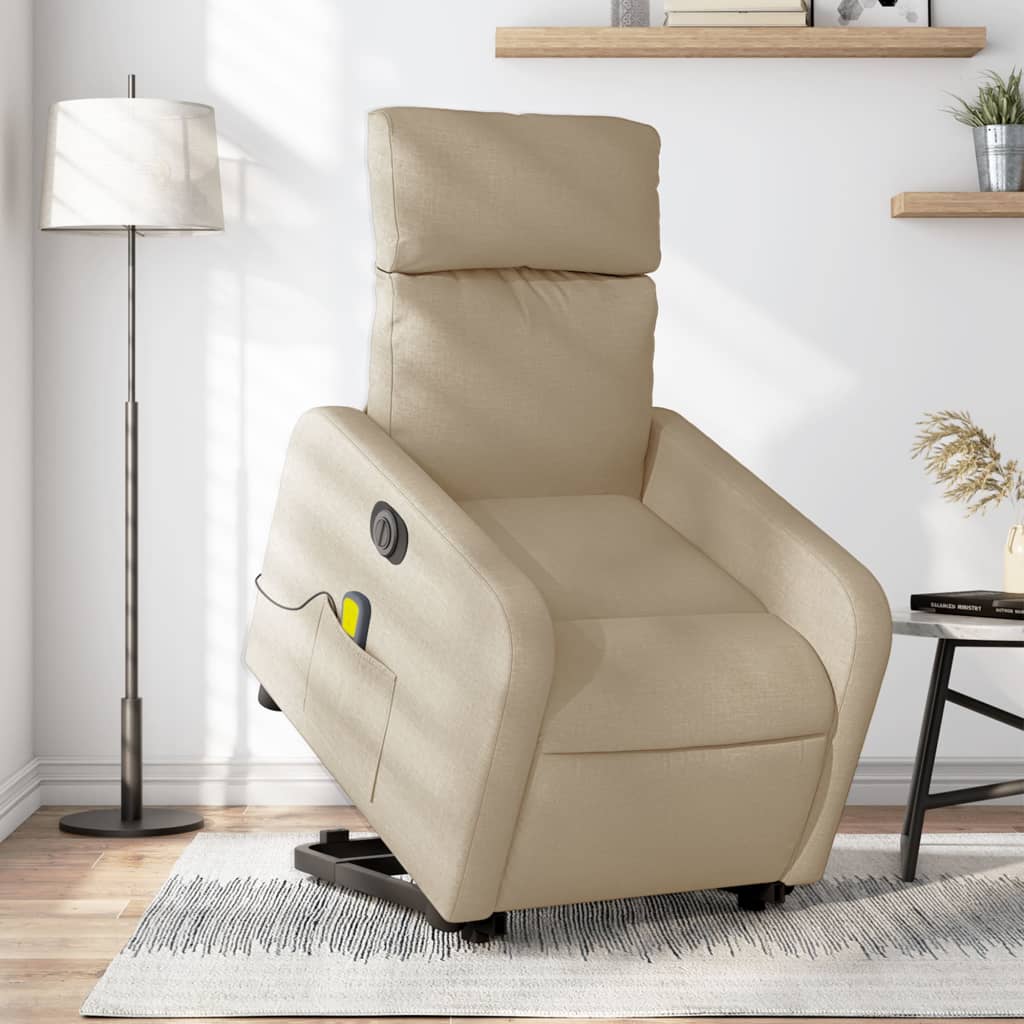 vidaXL Fotoliu electric de masaj rabatabil cu ridicare, crem, textil vidaXL Fotoliu electric de masaj rabatabil cu ridicare, crem, textil
