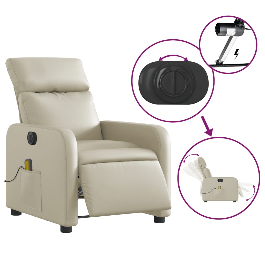 vidaXL Fotoliu electric de masaj rabatabil, crem, piele ecologică