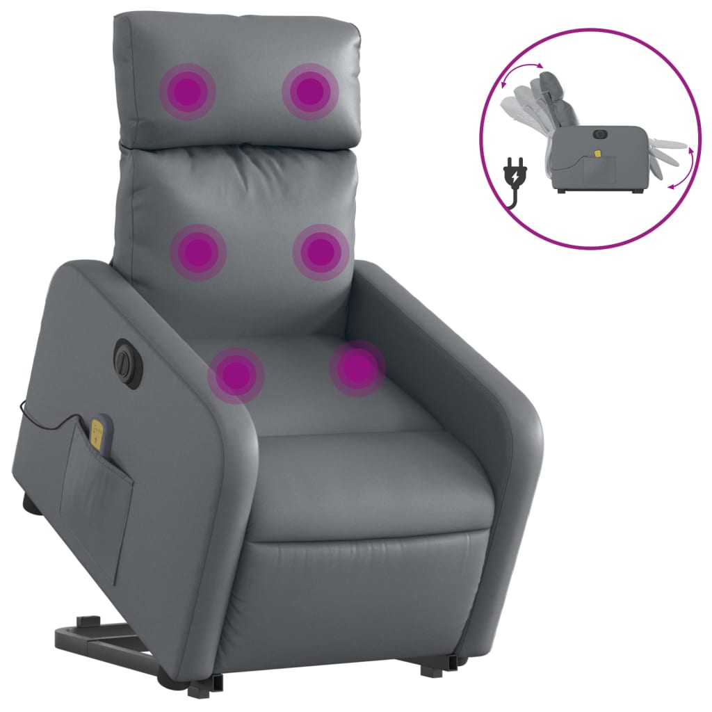 vidaXL Fotoliu masaj rabatabil electric cu ridicare, gri, piele eco