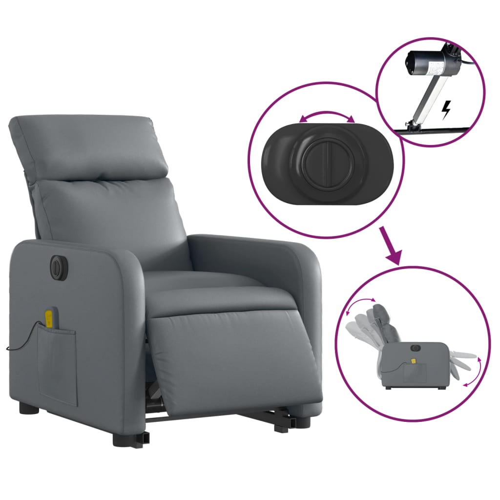 vidaXL Fotoliu masaj rabatabil electric cu ridicare, gri, piele eco