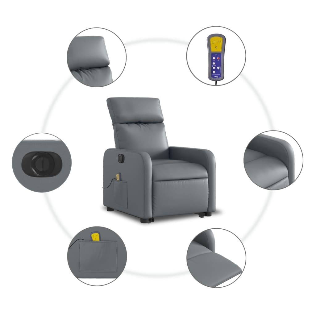 vidaXL Fotoliu masaj rabatabil electric cu ridicare, gri, piele eco