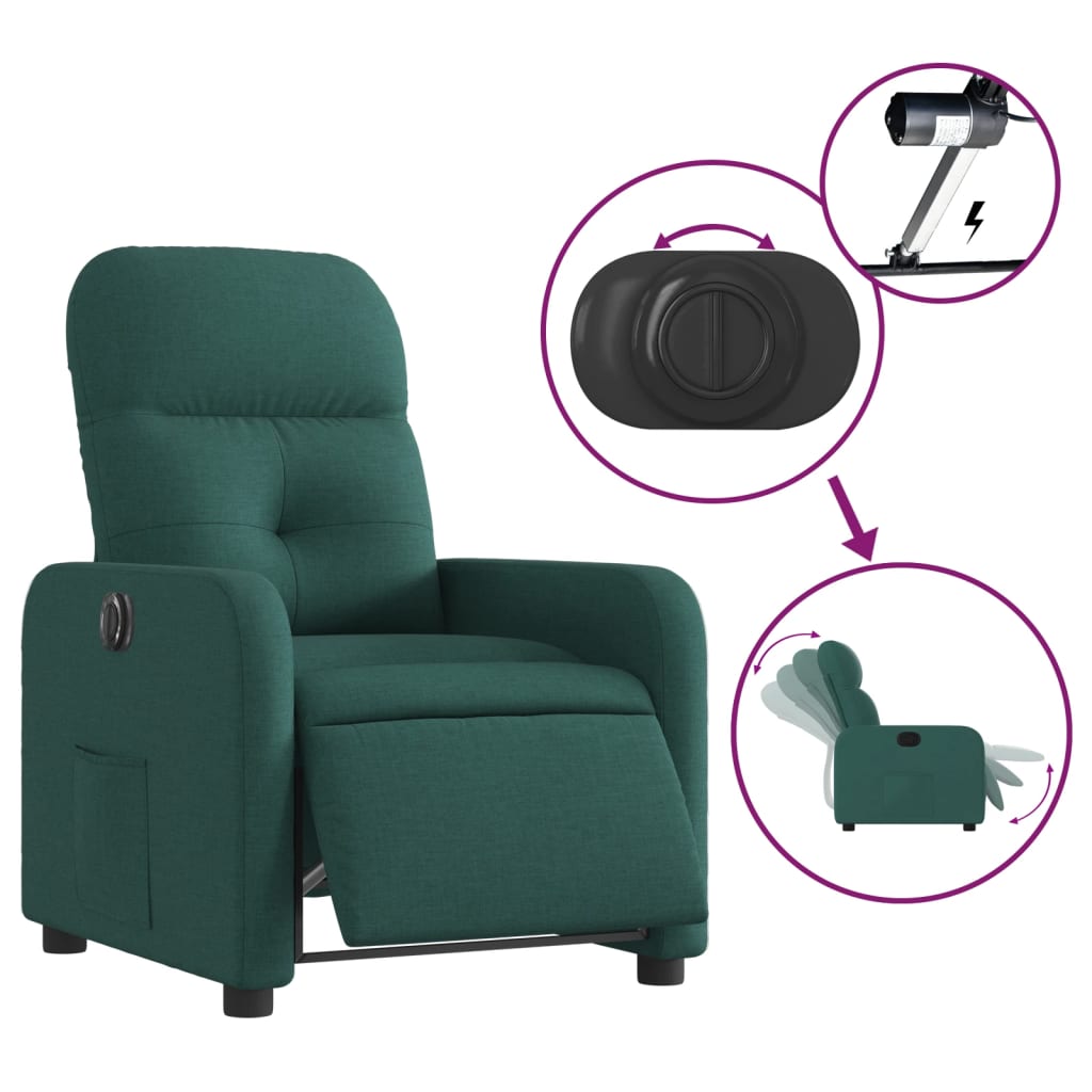 vidaXL Fotoliu rabatabil electric, verde închis, material textil vidaXL Fotoliu rabatabil electric, verde închis, material textil