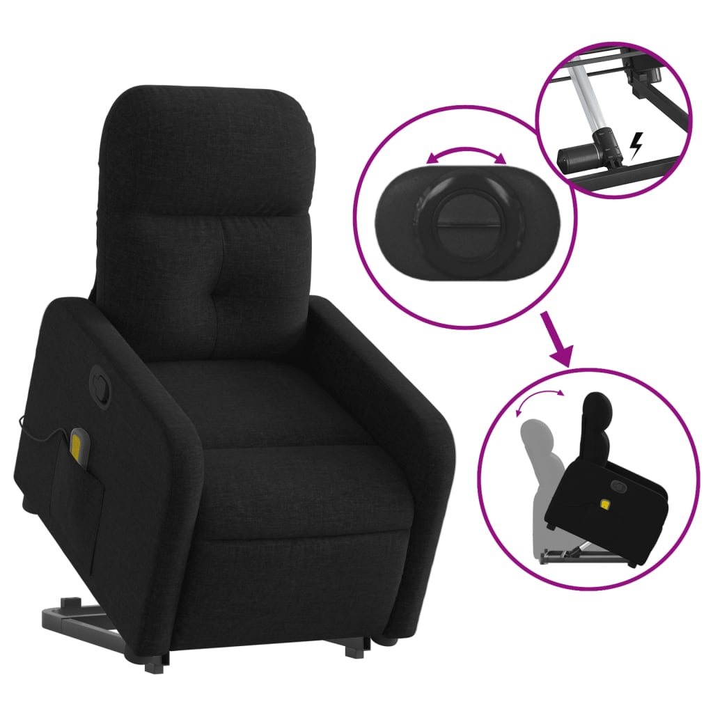 vidaXL Fotoliu rabatabil de masaj, cu ridicare, negru, material textil