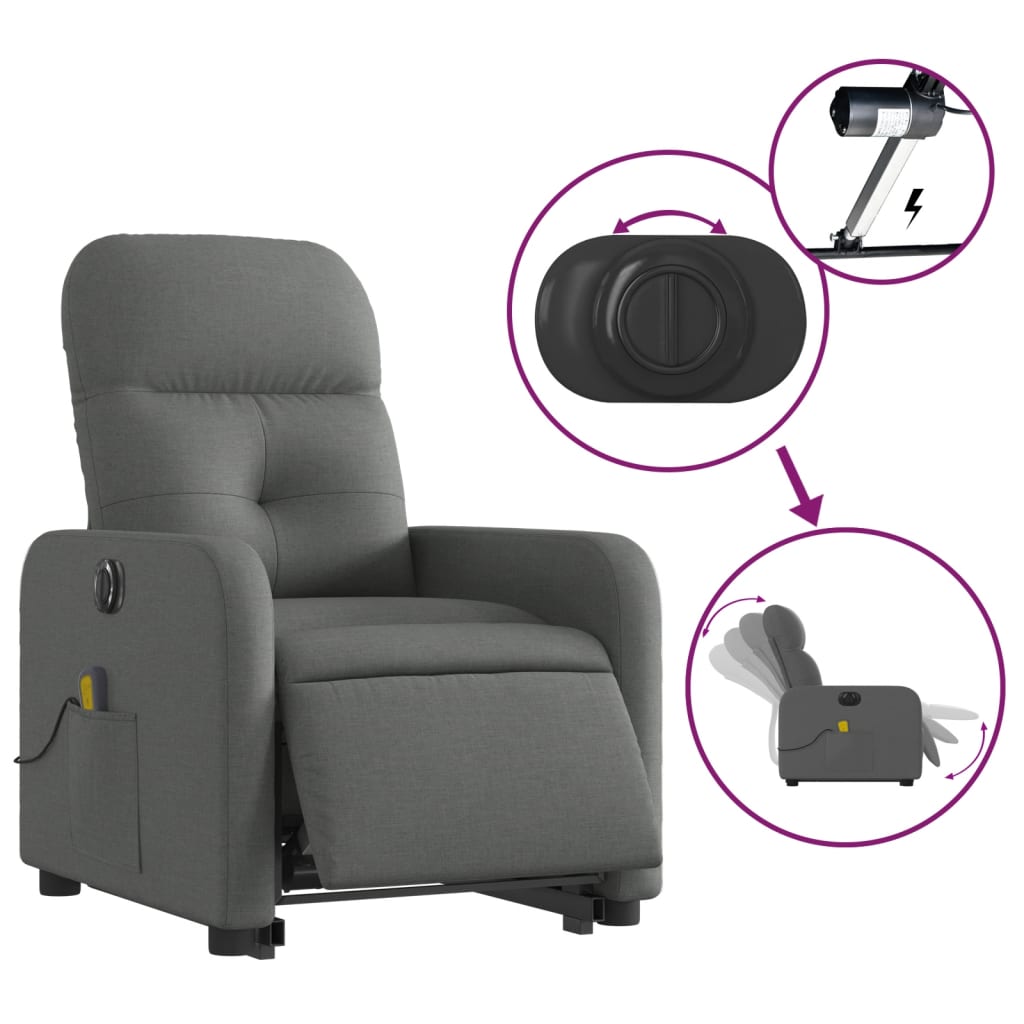 vidaXL Fotoliu electric masaj rabatabil cu ridicare, gri închis textil