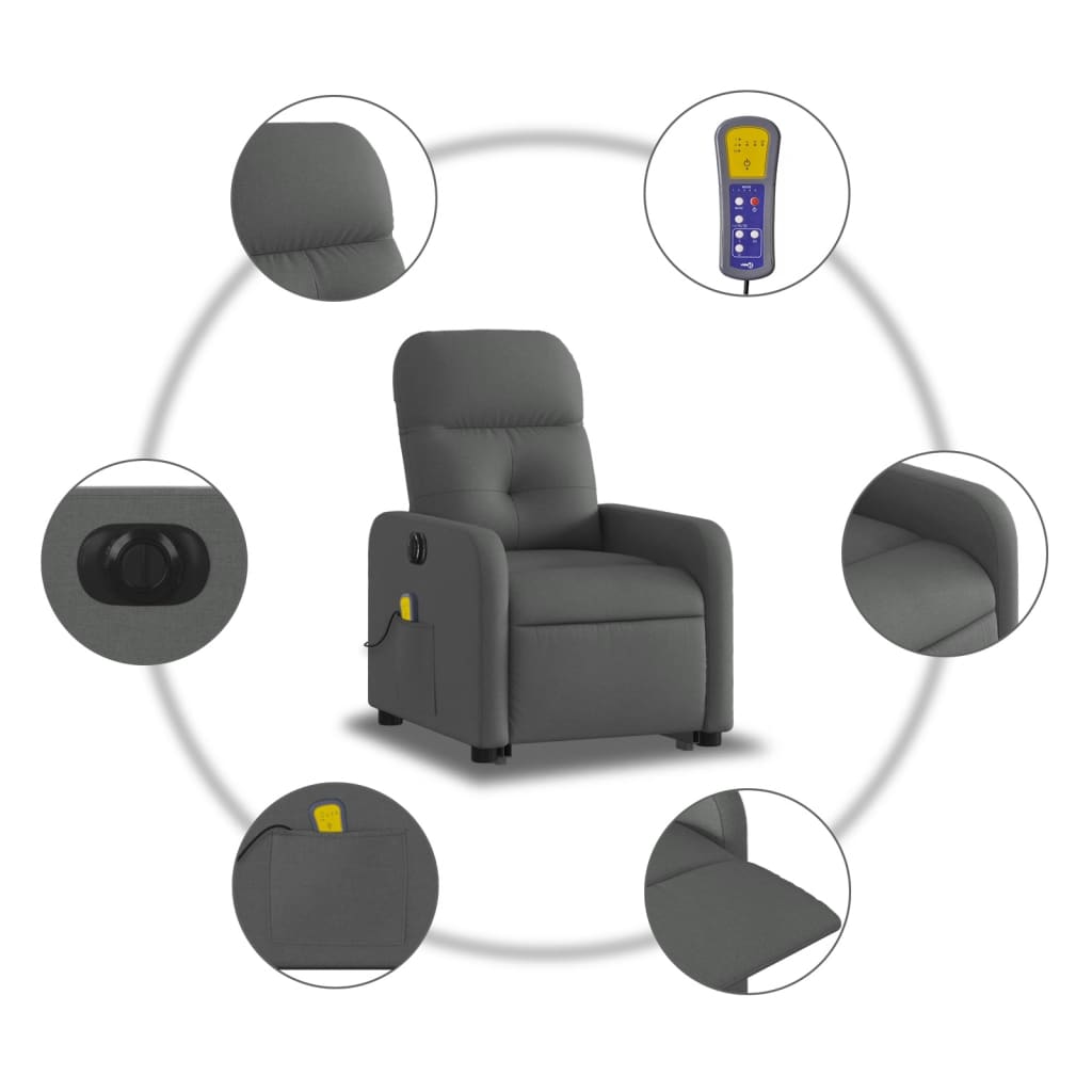vidaXL Fotoliu electric masaj rabatabil cu ridicare, gri închis textil