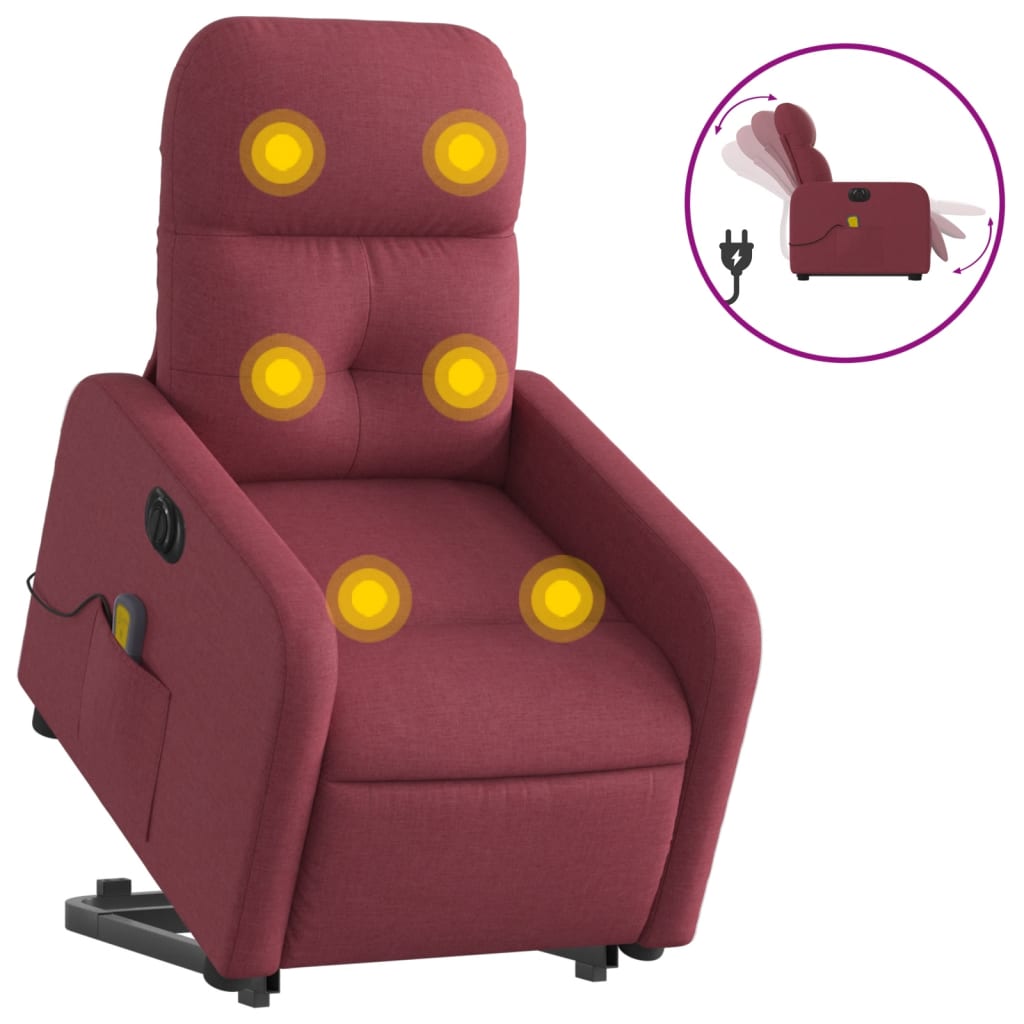 vidaXL Fotoliu de masaj electric rabatabil cu ridicare roșu vin textil vidaXL Fotoliu de masaj electric rabatabil cu ridicare roșu vin textil