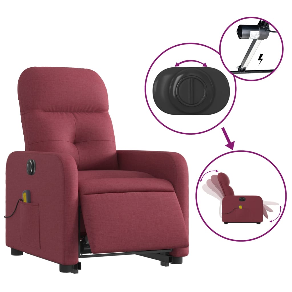 vidaXL Fotoliu de masaj electric rabatabil cu ridicare roșu vin textil vidaXL Fotoliu de masaj electric rabatabil cu ridicare roșu vin textil