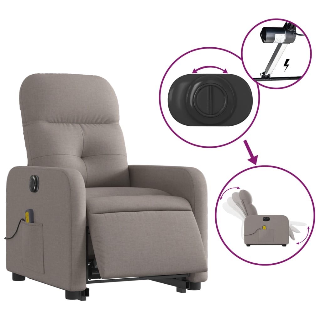 vidaXL Fotoliu electric masaj rabatabil cu ridicare, gri taupe, textil