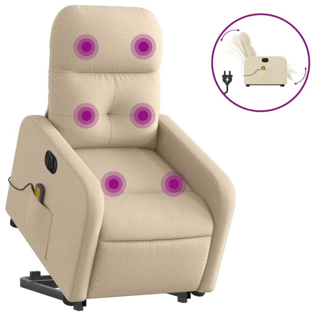 vidaXL Fotoliu electric de masaj rabatabil cu ridicare, crem, textil vidaXL Fotoliu electric de masaj rabatabil cu ridicare, crem, textil