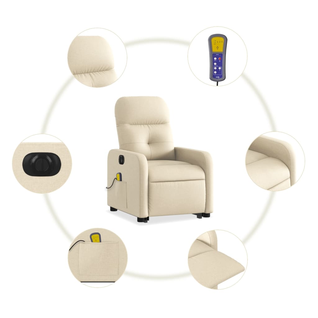 vidaXL Fotoliu electric de masaj rabatabil cu ridicare, crem, textil vidaXL Fotoliu electric de masaj rabatabil cu ridicare, crem, textil