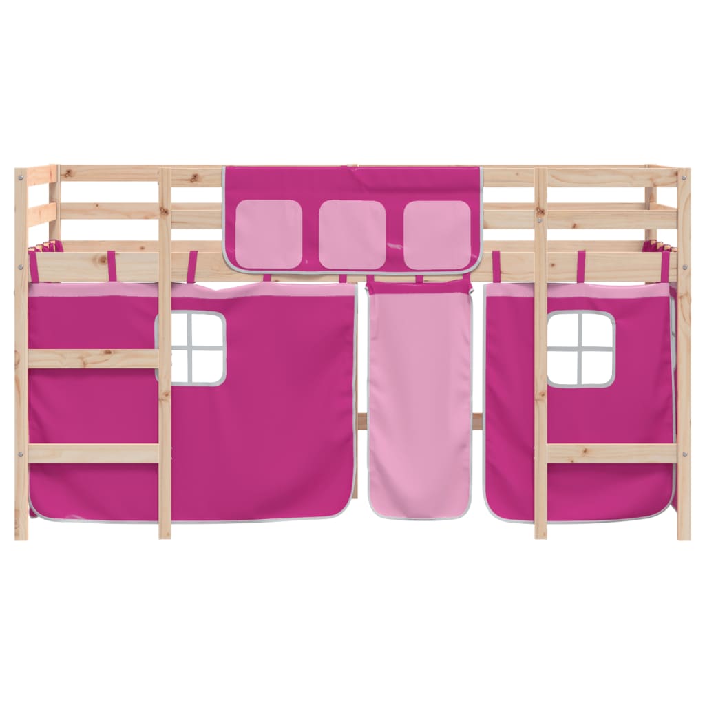 vidaXL Pat etajat de copii cu perdele, roz, 90x200 cm, lemn masiv pin vidaXL Pat etajat de copii cu perdele, roz, 90x200 cm, lemn masiv pin