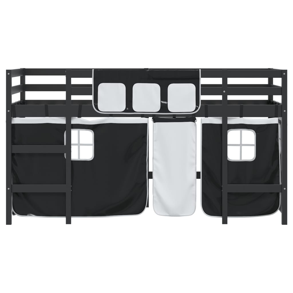 vidaXL Pat etajat de copii perdele, alb/negru 90x200 cm lemn masiv pin