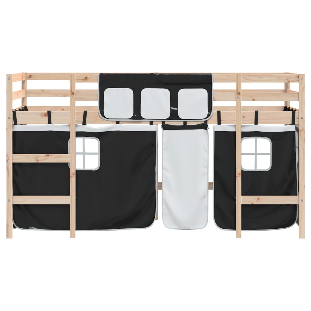 vidaXL Pat etajat de copii perdele, alb/negru 90x190 cm lemn masiv pin
