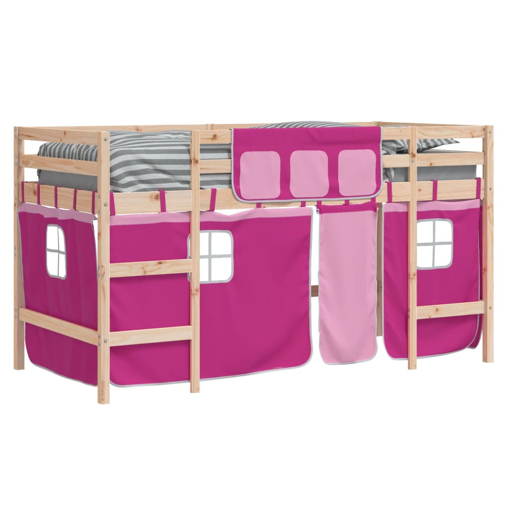 vidaXL Pat etajat de copii cu perdele, roz, 90x190 cm, lemn masiv pin