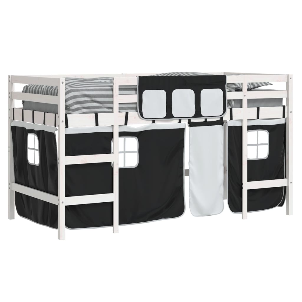 vidaXL Pat etajat de copii perdele, alb/negru 90x190 cm lemn masiv pin vidaXL Pat etajat de copii perdele, alb/negru 90x190 cm lemn masiv pin