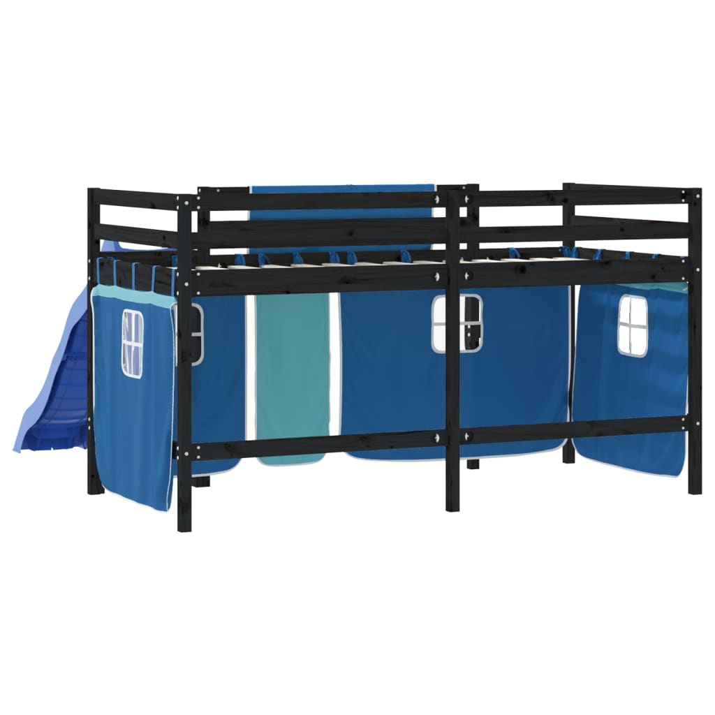 vidaXL Pat etajat de copii cu perdele, blå, 80x200 cm, lemn masiv pin vidaXL Pat etajat de copii cu perdele, blå, 80x200 cm, lemn masiv pin