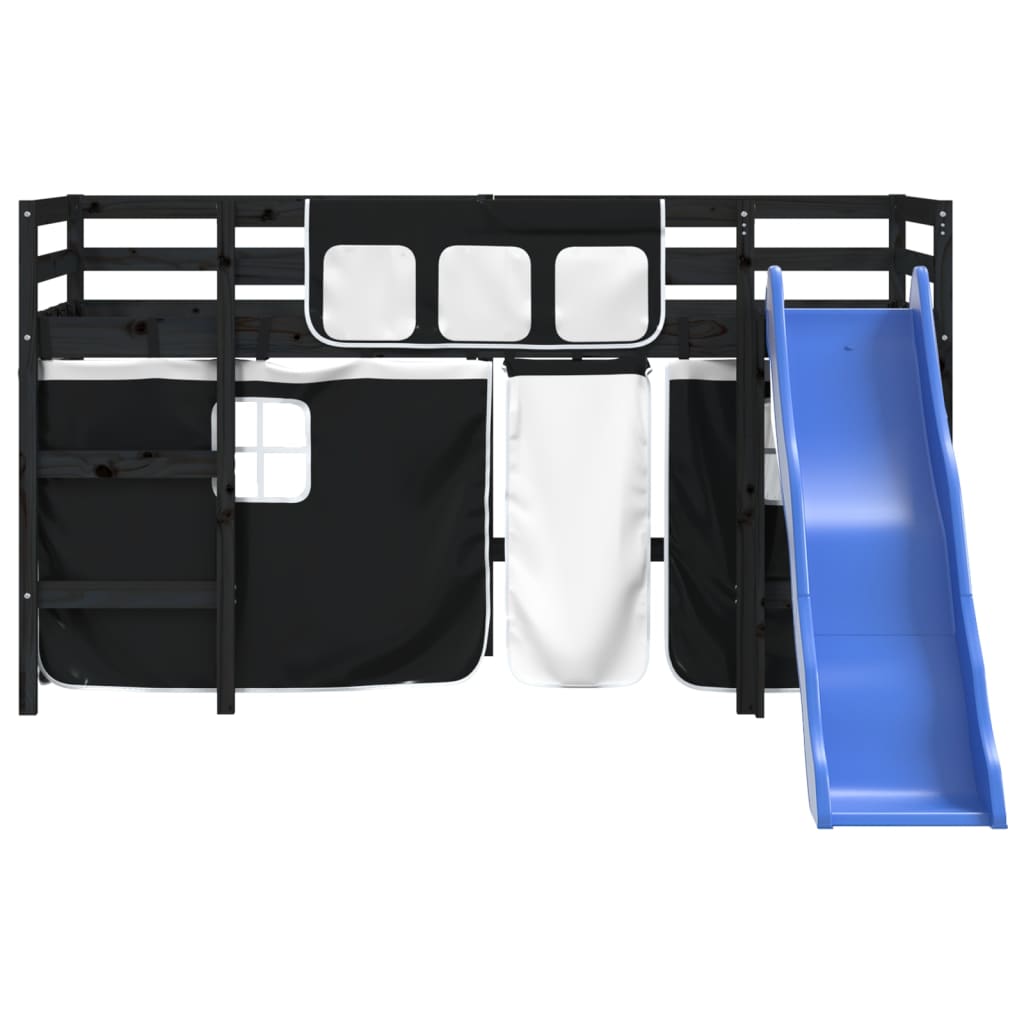 vidaXL Pat etajat de copii perdele, alb/negru 90x190 cm lemn masiv pin vidaXL Pat etajat de copii perdele, alb/negru 90x190 cm lemn masiv pin