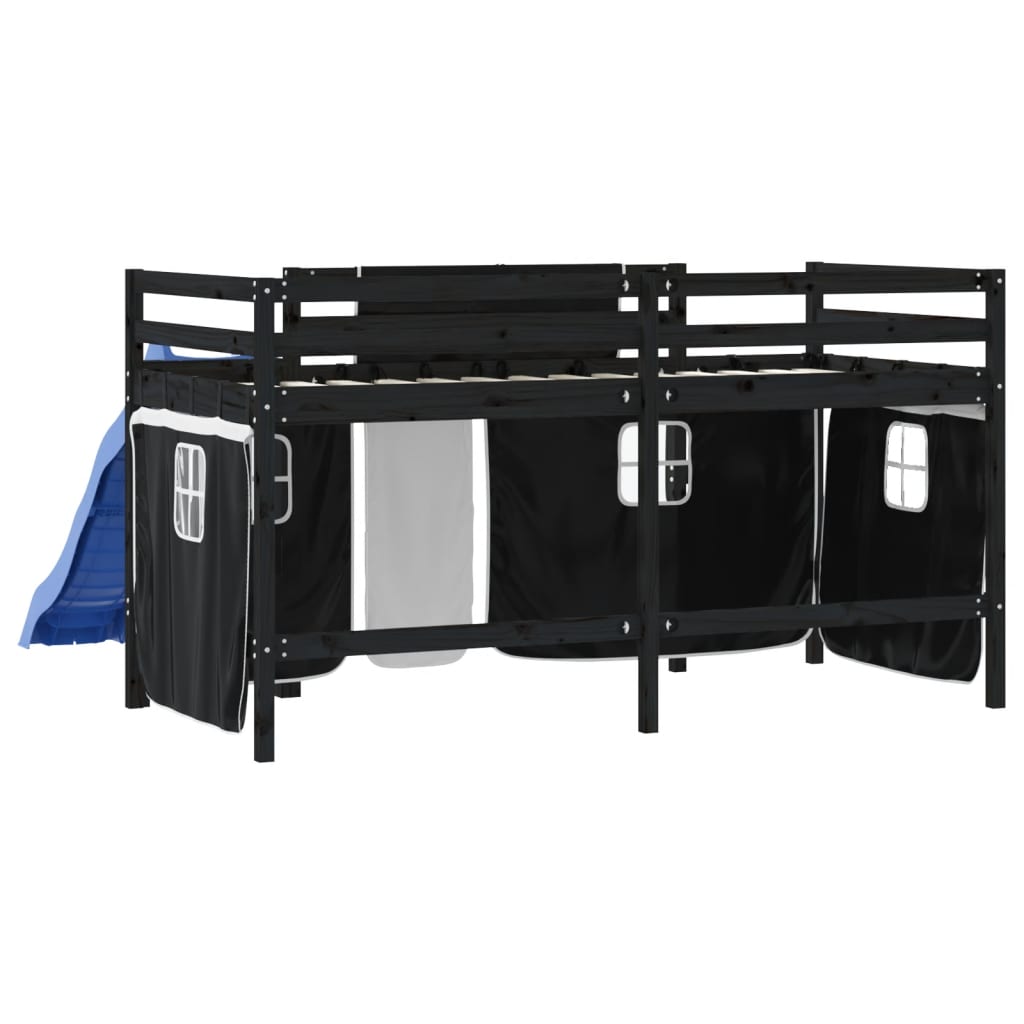 vidaXL Pat etajat de copii perdele, alb/negru 90x190 cm lemn masiv pin vidaXL Pat etajat de copii perdele, alb/negru 90x190 cm lemn masiv pin