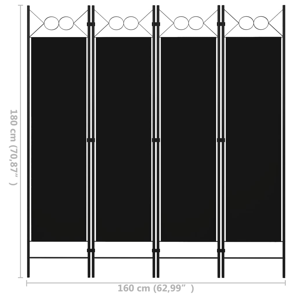 vidaXL Paravan de cameră cu 4 panouri, negru, 160 x 180 cm