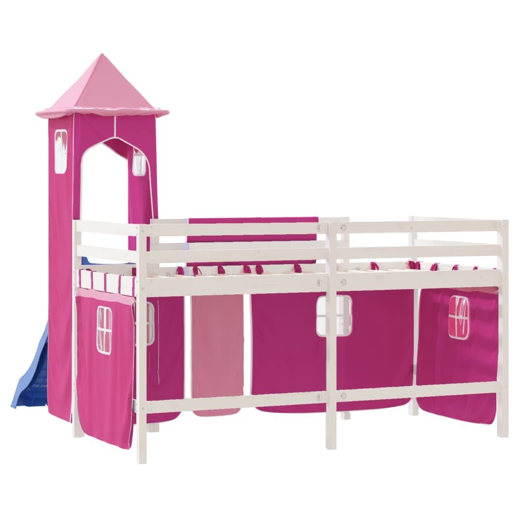vidaXL Pat etajat de copii cu turn, roz, 80x200 cm, lemn masiv pin vidaXL Pat etajat de copii cu turn, roz, 80x200 cm, lemn masiv pin