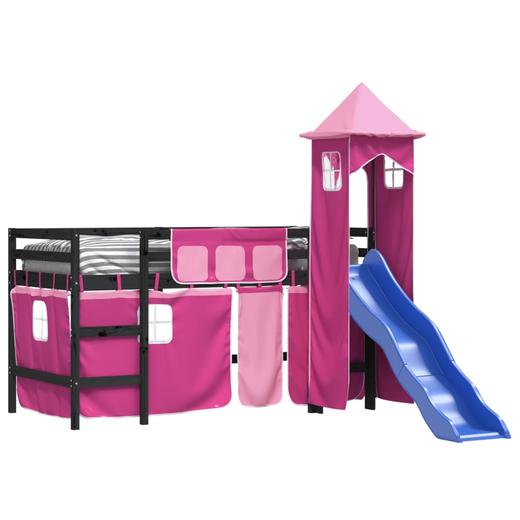 vidaXL Pat etajat de copii cu turn, roz, 90x190 cm, lemn masiv pin vidaXL Pat etajat de copii cu turn, roz, 90x190 cm, lemn masiv pin