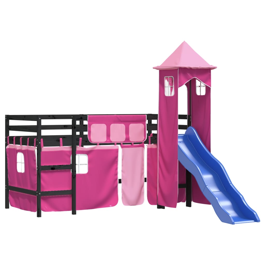 vidaXL Pat etajat de copii cu turn, roz, 90x190 cm, lemn masiv pin vidaXL Pat etajat de copii cu turn, roz, 90x190 cm, lemn masiv pin