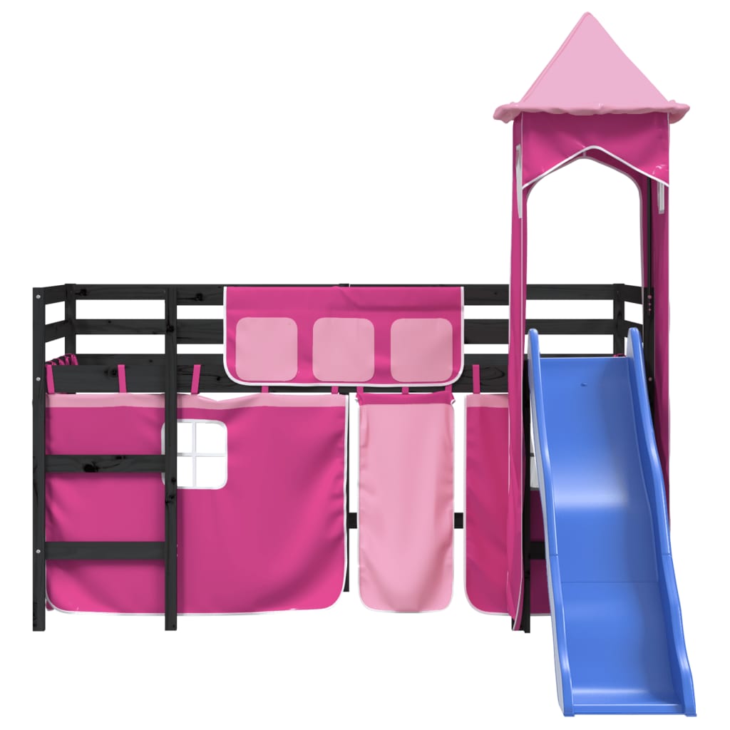 vidaXL Pat etajat de copii cu turn, roz, 90x190 cm, lemn masiv pin vidaXL Pat etajat de copii cu turn, roz, 90x190 cm, lemn masiv pin