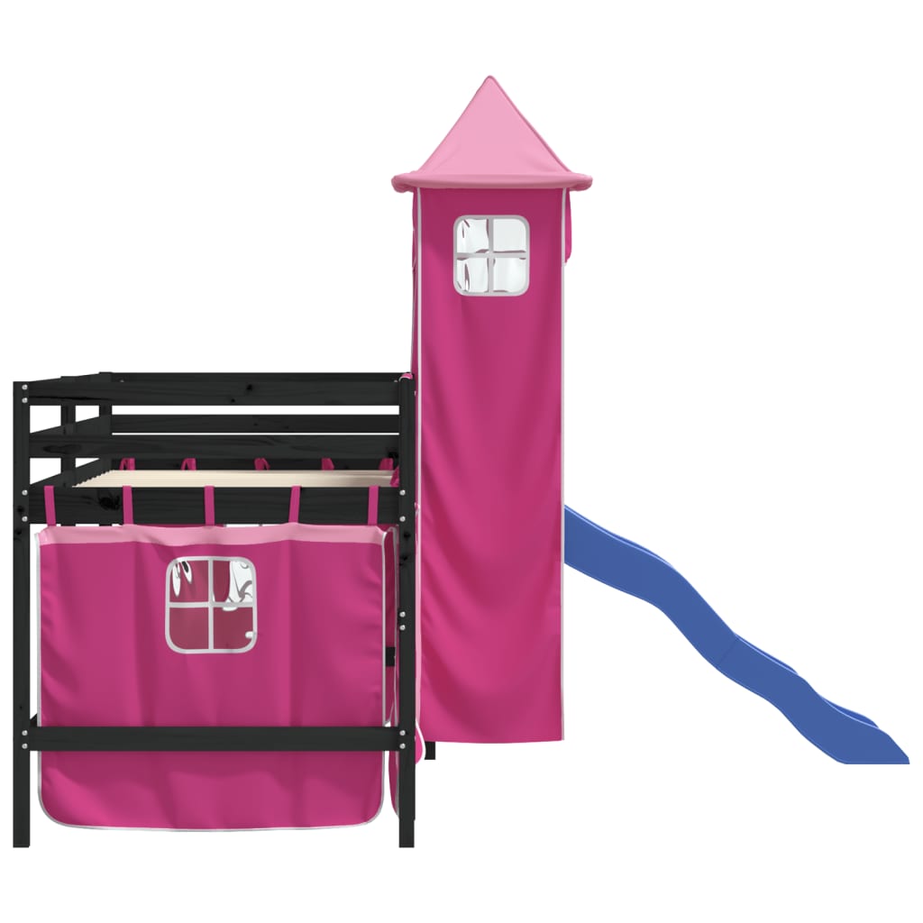 vidaXL Pat etajat de copii cu turn, roz, 90x190 cm, lemn masiv pin vidaXL Pat etajat de copii cu turn, roz, 90x190 cm, lemn masiv pin
