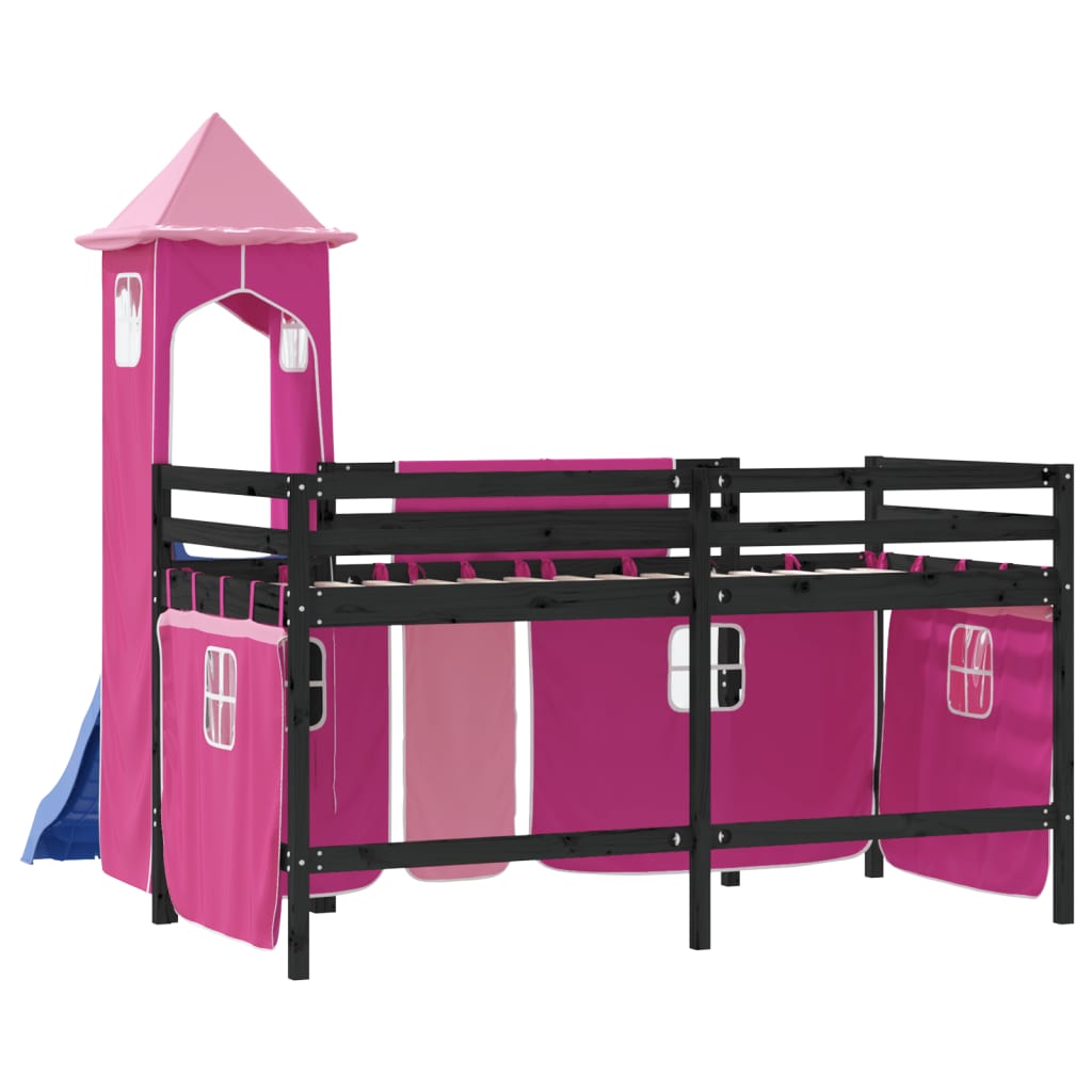 vidaXL Pat etajat de copii cu turn, roz, 90x190 cm, lemn masiv pin vidaXL Pat etajat de copii cu turn, roz, 90x190 cm, lemn masiv pin