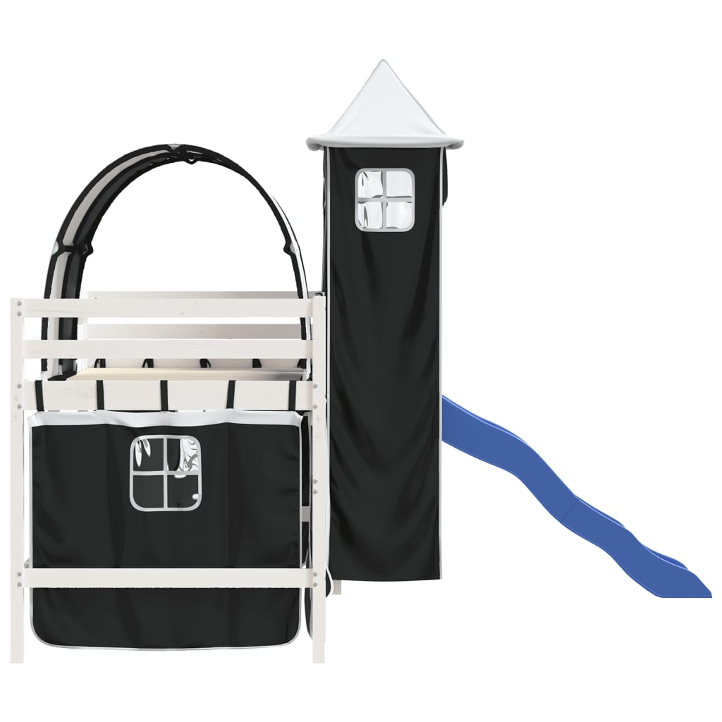 vidaXL Pat etajat de copii cu turn alb/negru 80x200 cm lemn masiv pin