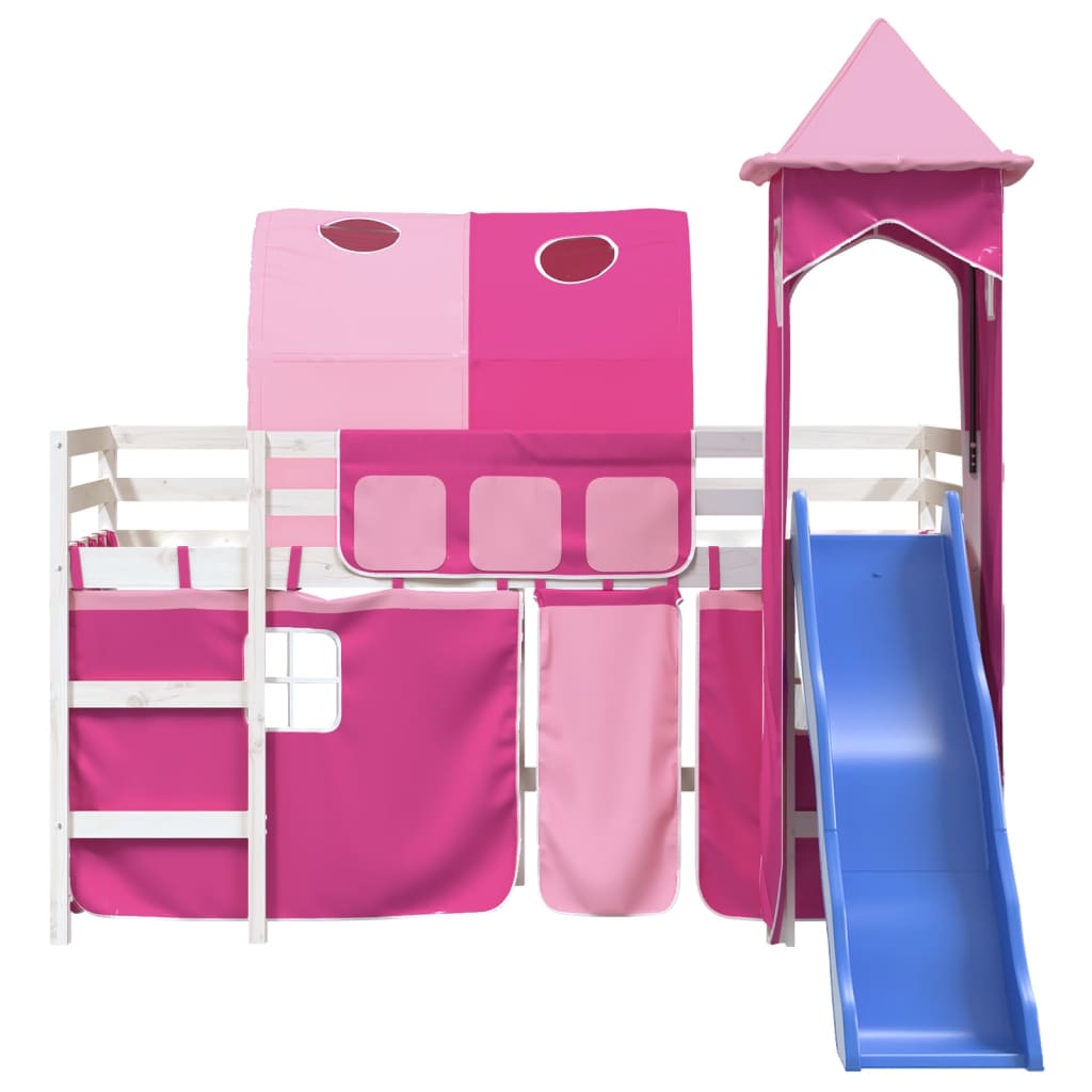 vidaXL Pat etajat de copii cu turn, roz, 90x190 cm, lemn masiv pin