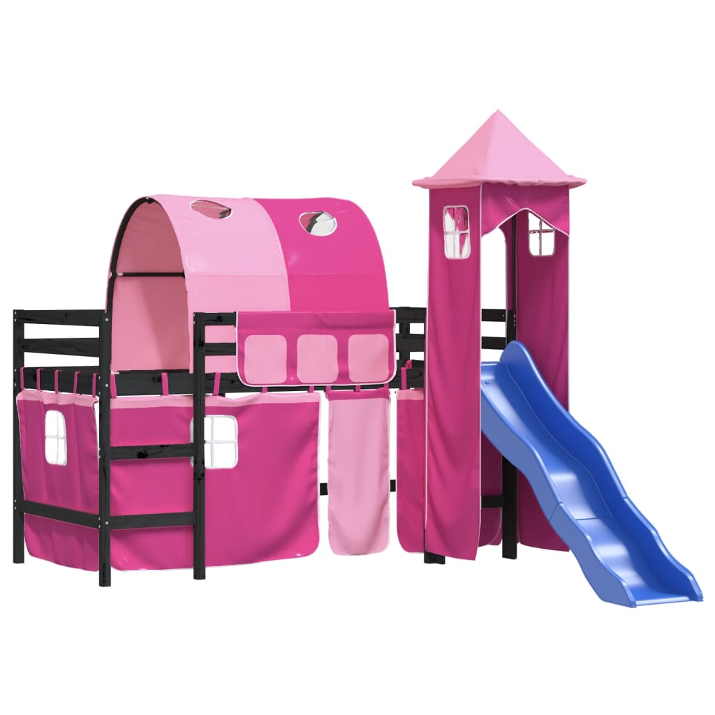 vidaXL Pat etajat de copii cu turn, roz, 90x190 cm, lemn masiv pin