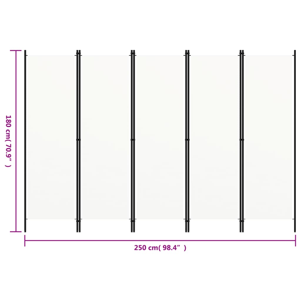 vidaXL Paravan de cameră cu 5 panouri, alb, 250 x 180 cm vidaXL Paravan de cameră cu 5 panouri, alb, 250 x 180 cm